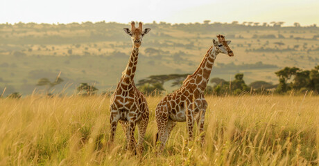 Obraz premium Two giraffes standing tall in a sunlit savannah, exuding tranquility
