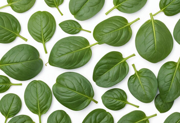 Fresh spinach on isolated white background , juicy and fresh, top view, Flat lay, no shadows