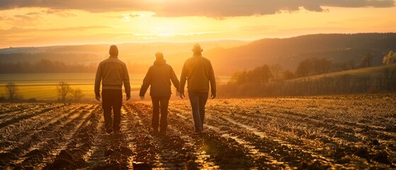 At sunset, three young farmers work on a plowed field. - obrazy, fototapety, plakaty