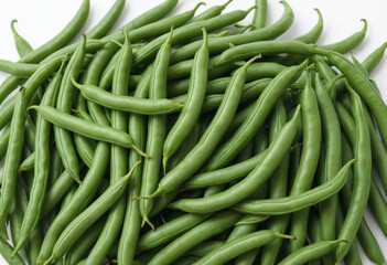 Fresh green bean on isolated white background , juicy and fresh, top view, Flat lay, no shadows