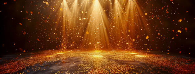 Golden confetti and sparkling lights on a dark stage setting, creating a festive and luxurious atmosphere - obrazy, fototapety, plakaty