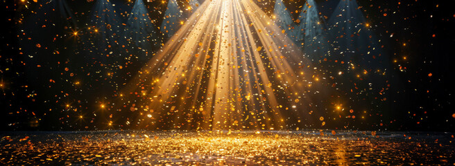 Spectacular golden sparks and rays of light on a dark background - obrazy, fototapety, plakaty