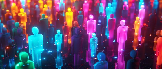 Colorful neon digital avatars gathering in the Metaverses social square. - obrazy, fototapety, plakaty