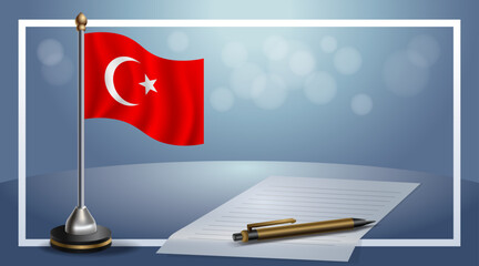 Small national flag of the Turkey on bokeh background, vector Illustration