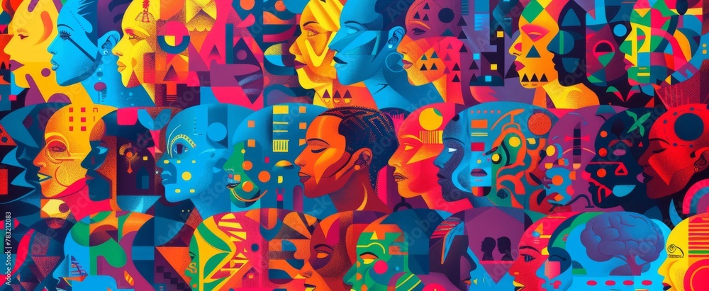 Poster a vibrant and colorful illustration of faces in different shades, arranged to form an abstract patte