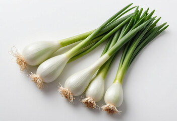 Fresh spring onion on isolated white background , juicy and fresh, top view, Flat lay, no shadows