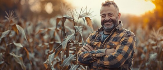 An active middle-aged man standing in a cornfield on a farm in the countryside with crossed arms, smiling and looking at a camera - obrazy, fototapety, plakaty