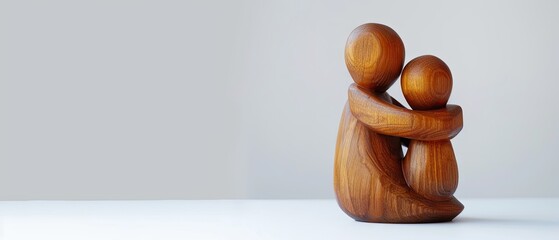 Wooden mother figure hugging wooden child figure, white background, studio lighting, copy space
