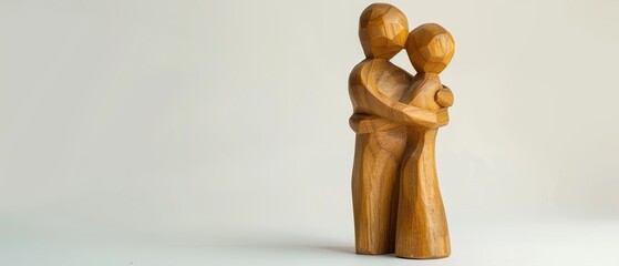 Wooden mother figure hugging wooden child figure, white background, studio lighting, copy space
