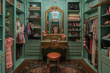 Obraz na płótnie Canvas Visualize a chic dressing room with light-green walls, featuring a vanity table with a gilded mirror, surrounded by racks of designer clothing and shoes