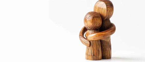 Wooden mother figure hugging wooden child figure, white background, studio lighting, copy space