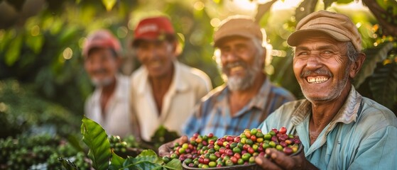 An Arabica coffee bean harvesting group showing their freshly harvested crop. - obrazy, fototapety, plakaty