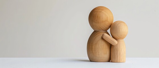 Wooden mother figure hugging wooden child figure, white background, studio lighting, copy space