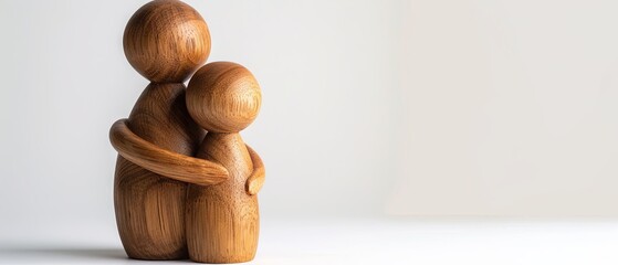 Wooden mother figure hugging wooden child figure, white background, studio lighting, copy space