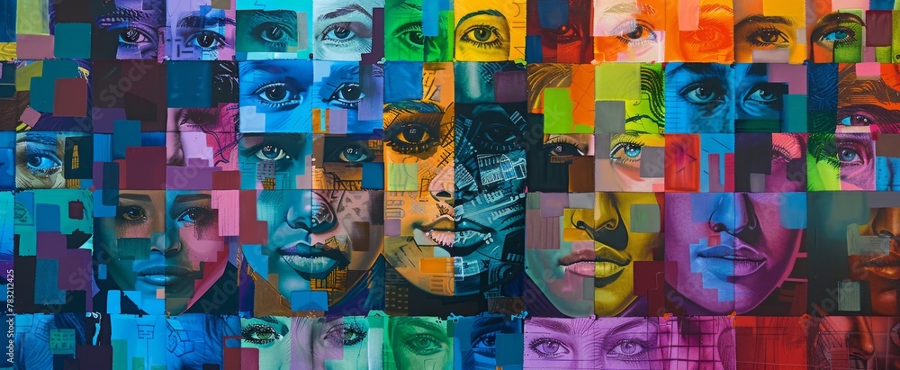 Poster a vibrant, colorful collage of faces in various sizes and shapes, arranged on top of each other to c