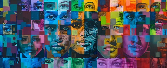A vibrant, colorful collage of faces in various sizes and shapes, arranged on top of each other to create an abstract representation of the human race Generative AI