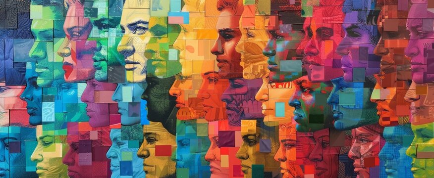 A vibrant, colorful collage of faces in various sizes and shapes, arranged on top of each other to create an abstract representation of the human race Generative AI