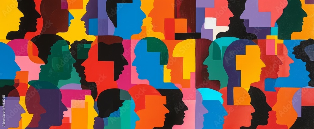 Poster a vibrant, multicolored pattern of squares and shapes in various sizes forming the silhouettes of he