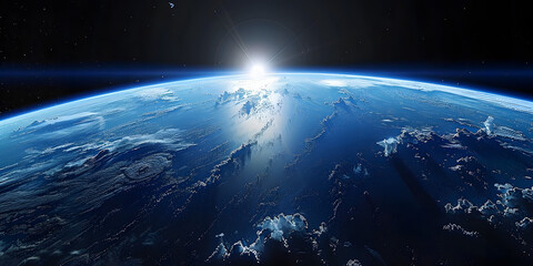 wide shot of the earth from space, blue horizon, black sky, bright sun in upper  - obrazy, fototapety, plakaty