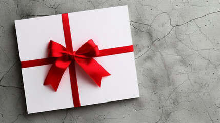 White gift card featuring a red ribbon.