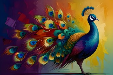 Fototapeta premium Abstract oil painting: colorful peacock painted with palette knife.