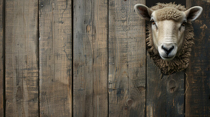 sheep peeks from behind a shabby wooden corner, against a solid background with copy space