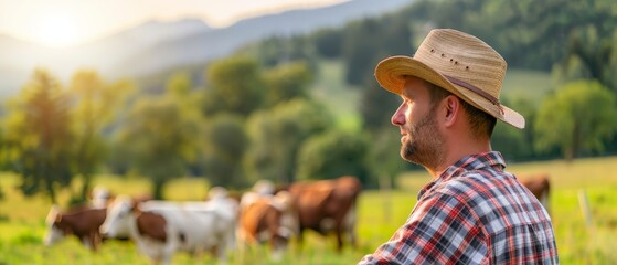 A farmer on a farm with three herds of cows and calves in an open field outside in a grassy field with a herd of cattle. Farmer, worker or business owner watching. - obrazy, fototapety, plakaty