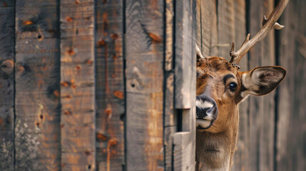 reindeer peeks from behind a shabby wooden corner, against a solid background with copy space