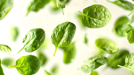 Obraz premium Fresh Spinach Leaves Floating on a Light Background, Vibrant Green, Healthy Eating. Perfect for Nutrition Concepts. AI