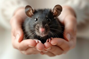 A black cute rat in hands.