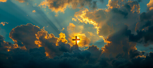Majestic sunrise with Christian cross symbol amidst clouds