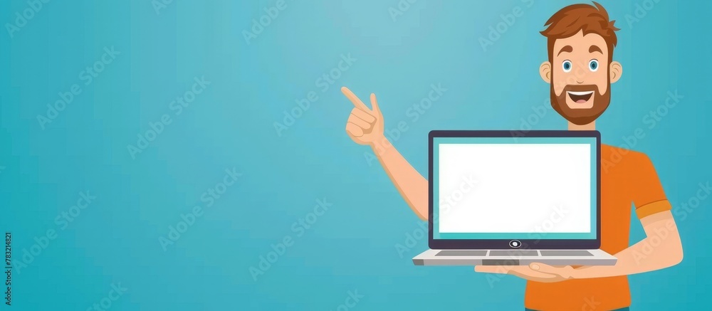 Aufkleber the image features a male character displaying the screen of a laptop device
