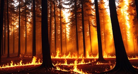 A forest on fire with flames and smoke rising from the trees. The sun is setting in the background, casting a warm