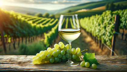 A glass of white wine on a wooden ledge with a picturesque vineyard in the background. The wine has a light, crisp color - obrazy, fototapety, plakaty