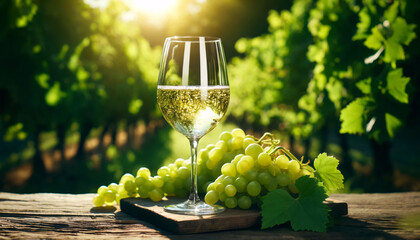 A crisp white wine in a clear glass set outdoors, with sunlight filtering through lush green grapevines in the background - obrazy, fototapety, plakaty