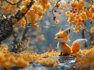 3d rendered cartoon fox captivated by a magical fairy tale forest scene: Illustration of a cute and adorable animal. Digital art with vivid colors and enchanted 3d rendering of magic animal - obrazy, fototapety, plakaty