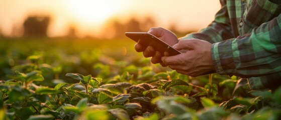 An agronomist using a tablet in an agriculture field. - obrazy, fototapety, plakaty