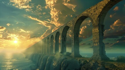 Aqueduct architectual, ancient aqueduct bridge over sea, old sunrise dawn sun old ruin - obrazy, fototapety, plakaty