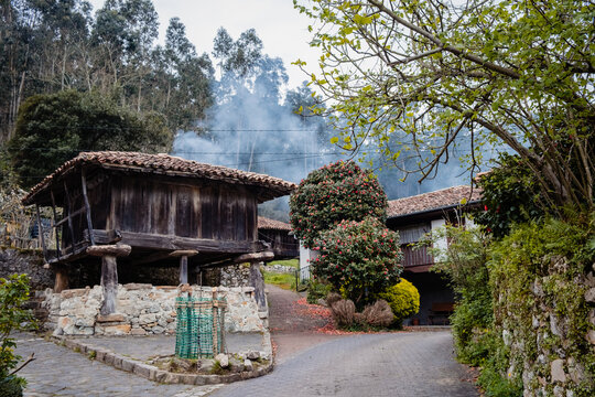 A traditional Asturian horreo, a small wooden agricultural building, stands on the side of a road in Asturias. The structure is raised on stilts to protect stored grain from rodents and humidity.