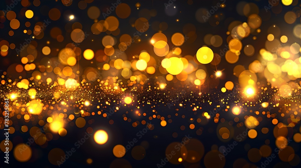 Poster glowing golden bokeh lights on a dark backdrop for festive occasions. ideal for backgrounds and over