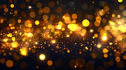 Glowing golden bokeh lights on a dark backdrop for festive occasions. Ideal for backgrounds and overlay effects. Serene and artistic representation. AI