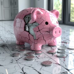 3D rendering of a shattered piggy bank lying on a sleek gray background, coins scattered around, symbolizing financial loss or saving goals disrupted - obrazy, fototapety, plakaty
