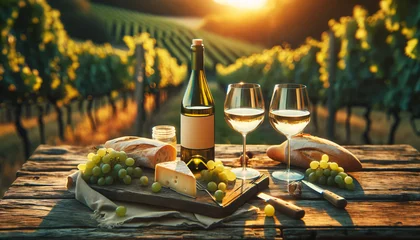 Fotobehang A rustic outdoor wine tasting scene with two glasses of white wine on an old wooden table. In the background, the golden hour light bathes a vineyard © Tanicsean