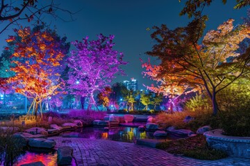Vibrant nighttime park with illuminated trees - A magical nighttime scene in a public park with trees artistically illuminated in vibrant colors, casting a whimsical glow