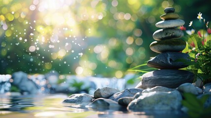 Tranquil Zen stones in water with light rays - A peaceful and serene scene featuring stacked Zen stones in a water surrounded by gentle light and nature