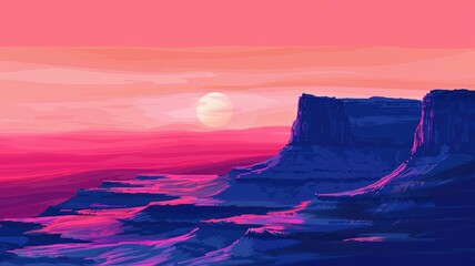Pastel pink canyon under a dreamy pink sky - A serene digital landscape portraying a canyon bathed in pink tones with a soft pastel sky setting a tranquil mood