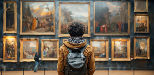 Visitor admiring classical paintings at art gallery