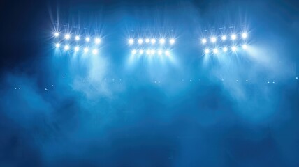 Stage lights shining brightly in a foggy ambiance - Bright stage lights shining through the fog, creating an ethereal effect for a dramatic scene