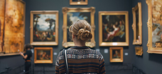Young woman contemplating paintings at an art exhibit