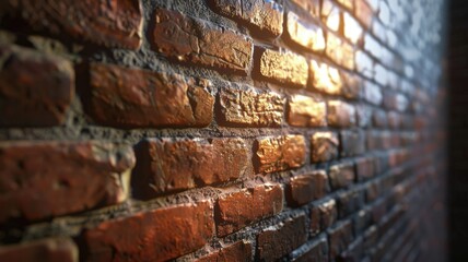 Sunlit vintage brick wall texture closeup - Closeup of a vintage brick wall with sun highlighting the textured surface, conveying warmth and solidity